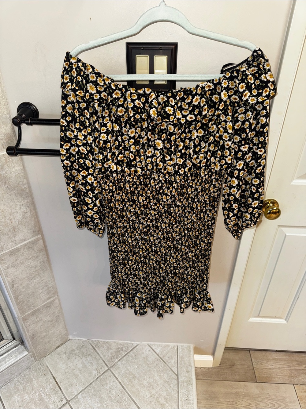 Forever 21 Black Floral Off-Shoulder Smocked Dress with Yellow Daisies